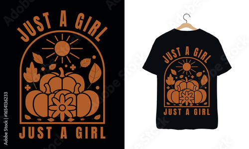 A black t-shirt featuring an autumnal design with pumpkins, leaves