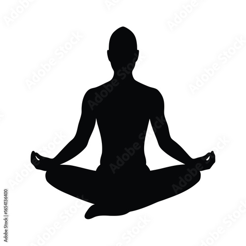 Silhouette of a man meditating in lotus pose showing mindfulness and yoga with white background