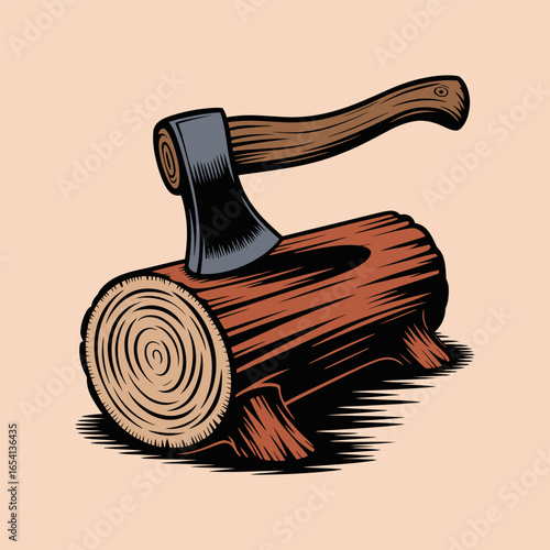 Axe On Log Woodcut Vintage Illustration