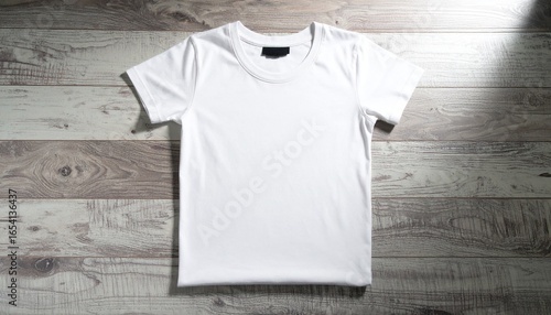 Plain White T-Shirt Mockup on Wooden Surface with Dramatic Lighting
