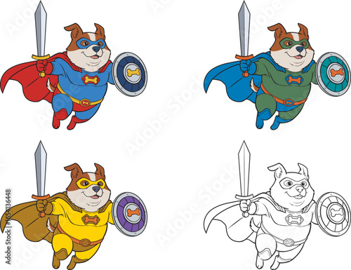 Cartoon of a dog holding a sword and shield, flying and dressed like a hero, suitable for printing on items, clothes and also suitable for products that care for dogs.