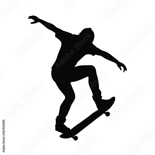 Silhouette of a man performing skateboard trick with urban sporty style with white background