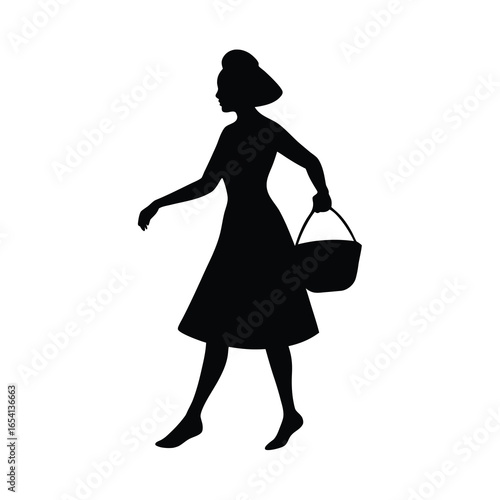 Silhouette of a woman carrying basket in daily life activity with white background