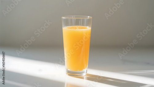 A glass of orange juice illuminated by natural light on a countertop