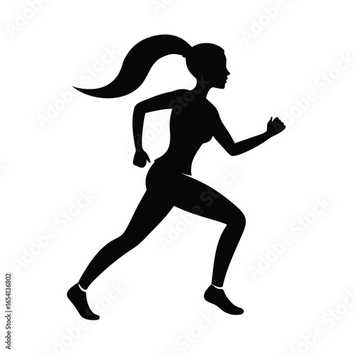 Silhouette of a woman running with ponytail showing fitness and motion with white background