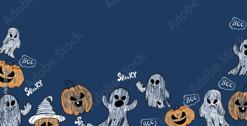 Halloween frame banner with ghosts and pumpkins on dark blue background