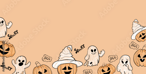 Halloween frame banner with ghosts and pumpkins on beige background