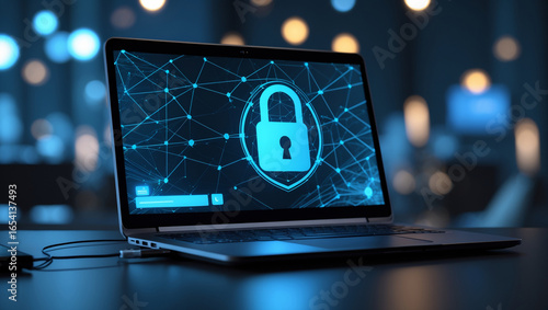 Laptop displaying digital padlock and network connections symbolizing cybersecurity