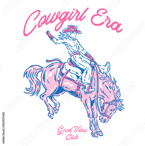 Vector t-shirt graphic showcases a cowgirl riding a horse. The bold text reads "Cowgirls," good vibes capturing a western, adventurous vibe.