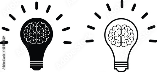 Light bulb idea icon set, creativity and innovation symbol collection with brain, and power sign group in flat black solid and line outline style vector illustration for business and education