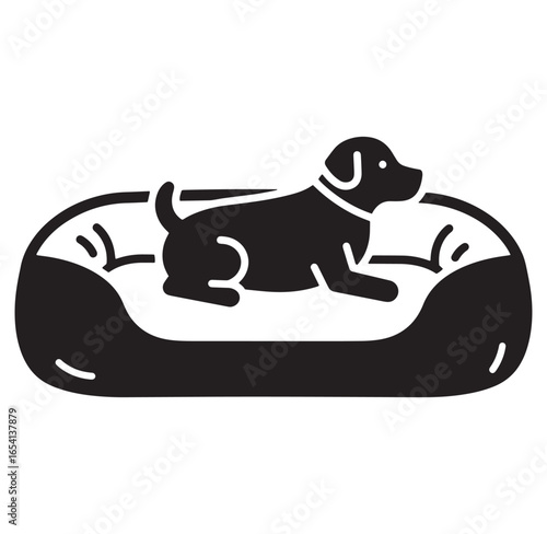 Silhouette illustration of a dog comfortably resting on a cozy pet bed in simple black and white