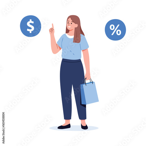 Young woman in a casual blue outfit holding a shopping bag and pointing her finger upwards.