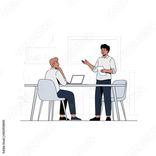 Two male colleagues in a minimalist business presentation illustration one standing and gesturing the other listening.
