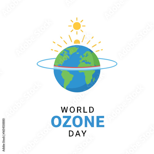 World Ozone Day vector illustration featuring a stylized Earth a protective ozone layer ring and a bright yellow sun.