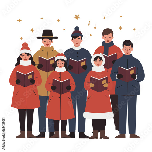 A diverse group of Christmas carolers singing joyfully from songbooks while wearing warm winter coats and hats.