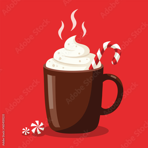 A steaming brown mug of festive hot chocolate topped with swirled whipped cream and a candy cane.