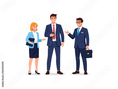 A professional team of three business colleagues two men and a woman in formal suits standing and talking.