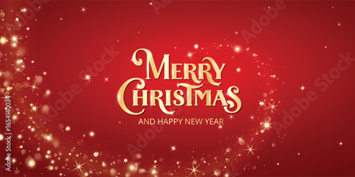 Merry Christmas lettering with golden glitter wave and sparkles on red background. Festive holiday design for greeting cards, invitations, posters, banners, and winter celebration.