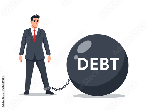 Businessman chained to a heavy debt ball.