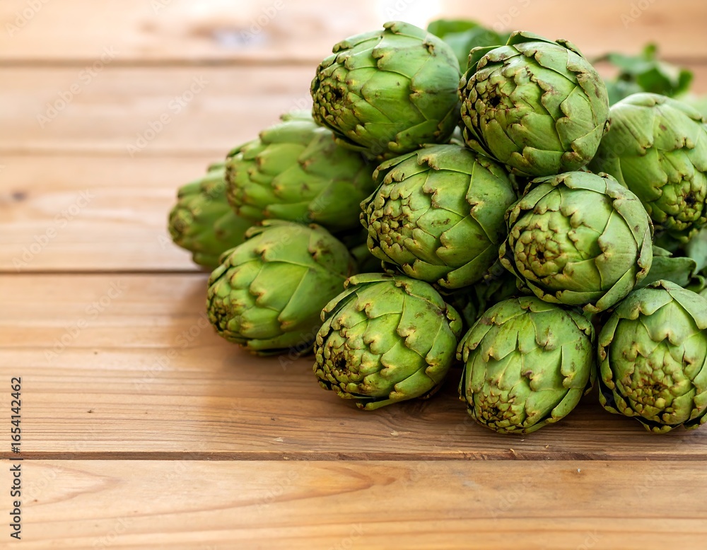 Fototapeta premium Fresh artichokes on a wooden table