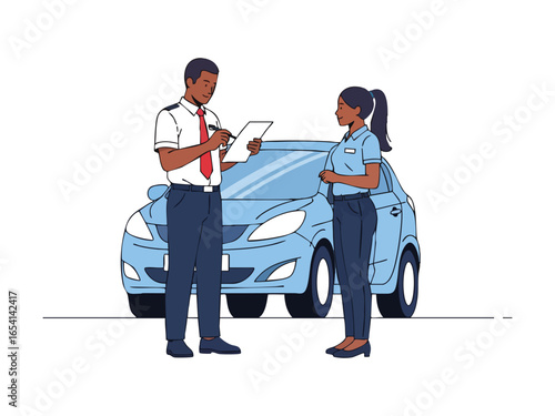 Two professionals, a man with a clipboard and a woman, standing by a blue car, engaged in a discussion or transaction.
