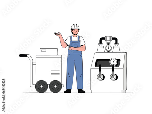 Industrial worker in uniform standing next to machinery and equipment in a factory setting.