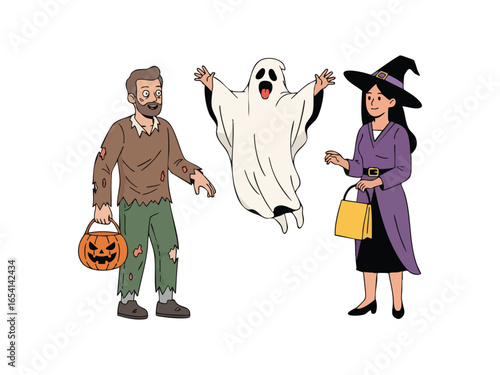 Three people in Halloween costumes, including a zombie, a ghost, and a witch, ready for trick-or-treating.