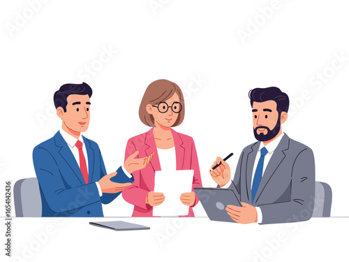Three professionals engaged in a collaborative business meeting, discussing documents and ideas.