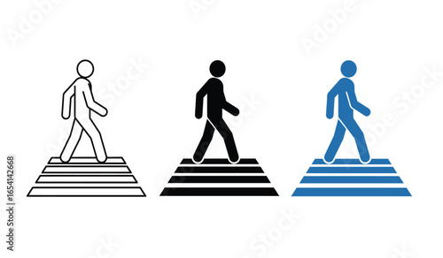 Pedestrian Crossing Sign Set in Black Blue and Outline Styles Representing Road Safety and Urban Navigation for People on Foot
