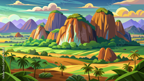 Limestone outcrops named Mogotes rise proudly at Viñales Valley, near the western end of the island of Cuba, forming a beautiful karst landscape encircled by majestic surrounding mountains.