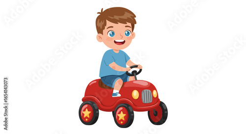 A boy with brown hair and blue eyes sits on a red toy car with yellow staradorned wheels