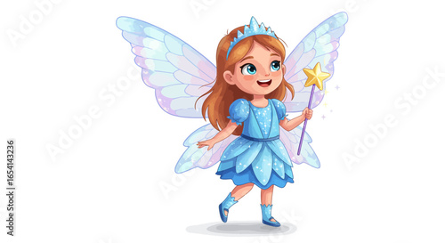 A cartoon fairy with wings blue dress crown and magic wand stands on a white background
