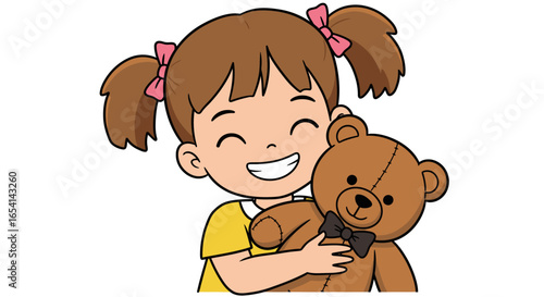A cartoon girl with pigtails and pink bows hugs a brown teddy bear smiling