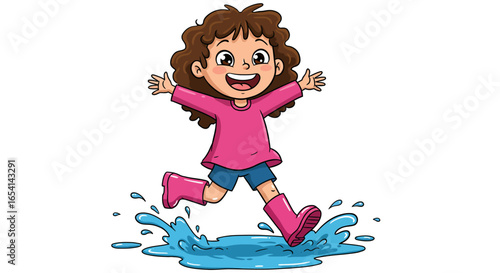A cartoon girl with curly hair jumps in a puddle while wearing pink boots and a pink shirt