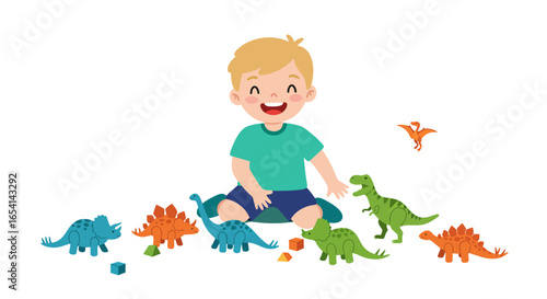 A child smiles surrounded by toy dinosaurs and blocks