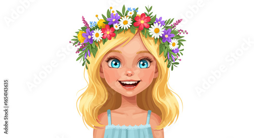 A young girl with blonde hair smiles adorned with a vibrant flower crown