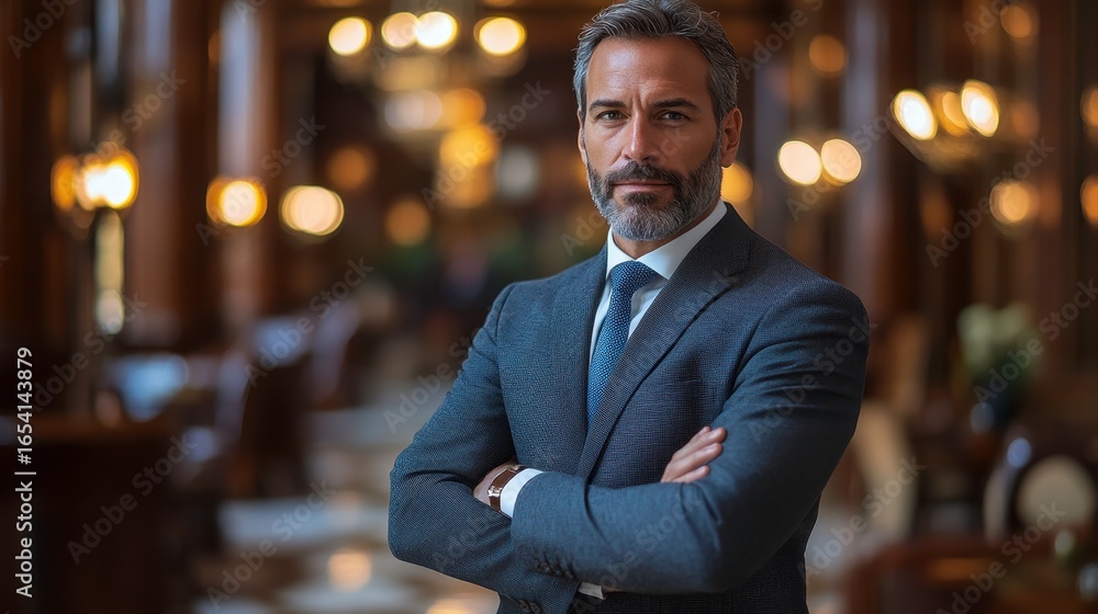 Fototapeta premium Confident Businessman Posing in Elegant Lobby with Bokeh Effect