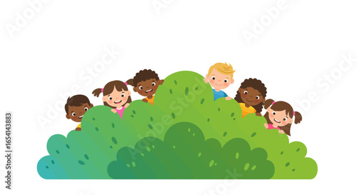 Cartoon children peek from behind a green leafy bush against a white backdrop