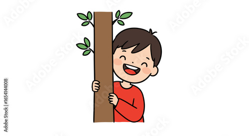Child hides behind tree trunk smiling broadly with visible leaves
