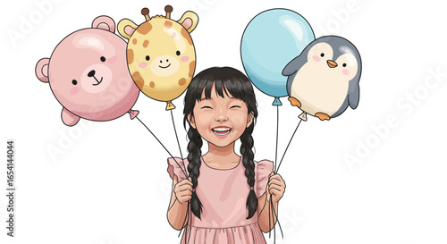 Child with balloons pink bear yellow giraffe blue and grey penguin Braided hair pink dress big smile joyful expression