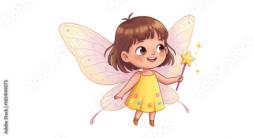Fairy girl with wings yellow dress and wand emits sparkles