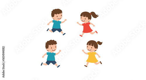 Four cartoon kids two boys and two girls running and smiling