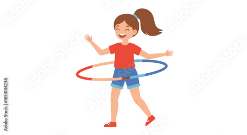 Girl with hula hoop red shirt blue shorts smiling hands raised brown hair in ponytail red shoes