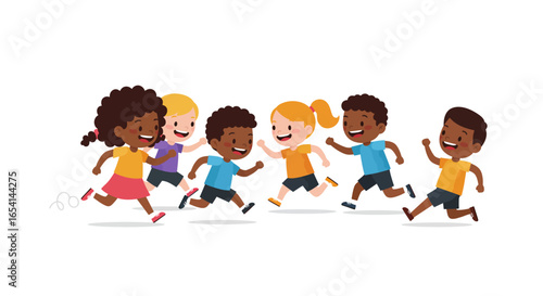 Six cartoon children of varying ethnicities are running with smiles