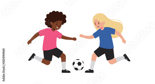 Two girls pink  blue shirts play soccer with a black  white ball on a white background