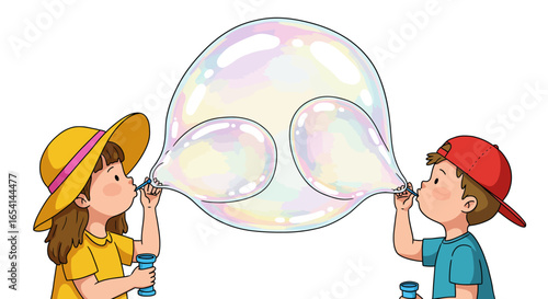 Two kids blow a large bubble together one wears a yellow hat the other a red cap