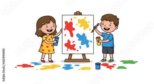 Two kids happily paint an easel with colorful blobs splattered with paint on the floor