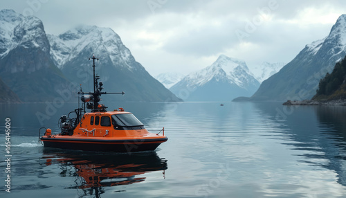 Orange unmanned surface vehicle with sonar equipment navigates calm water between snow-capped mountains. Remote maritime survey vessel monitors coastal areas, performs underwater structure mapping,