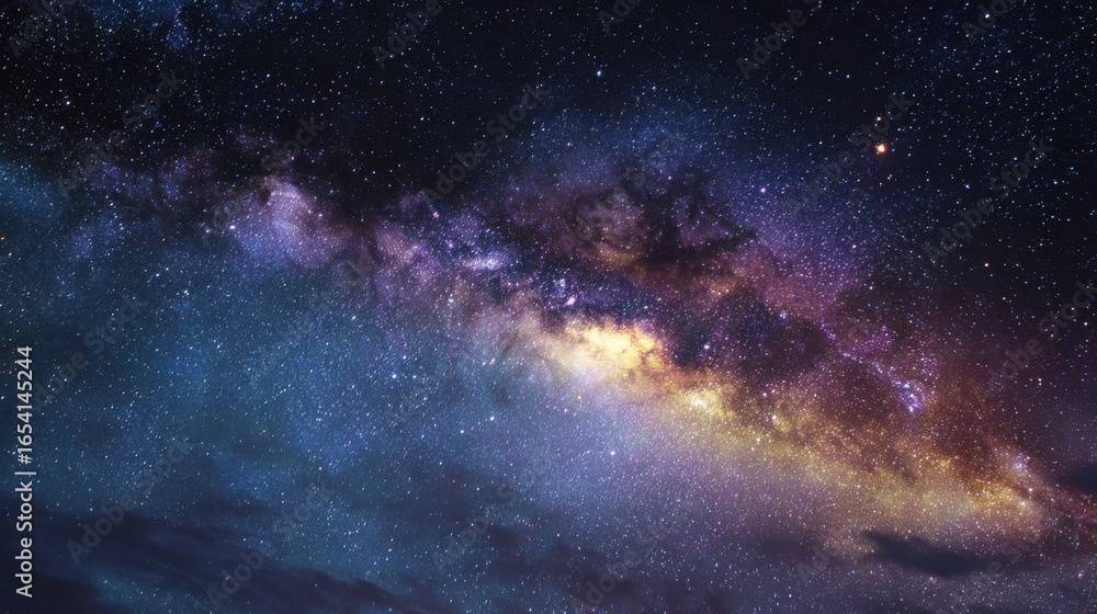 Fototapeta premium High definition photo of night sky filled with colorful stars and the Milky Way galaxy Background of the starry sky with a panoramic view Ideal for a copy space image.