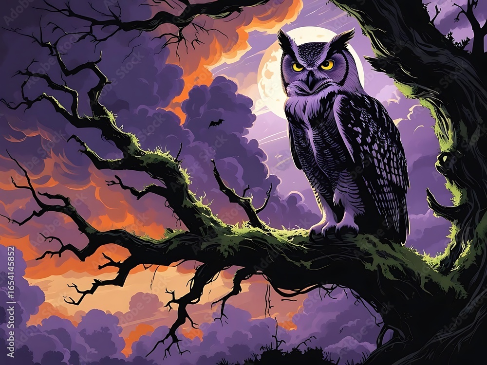Fototapeta premium Majestic great horned owl perched on a moonlit tree branch